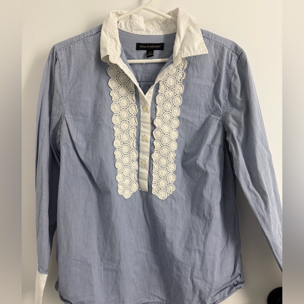 Banana Republic Blue Striped Dress Shirt with Lace Accents